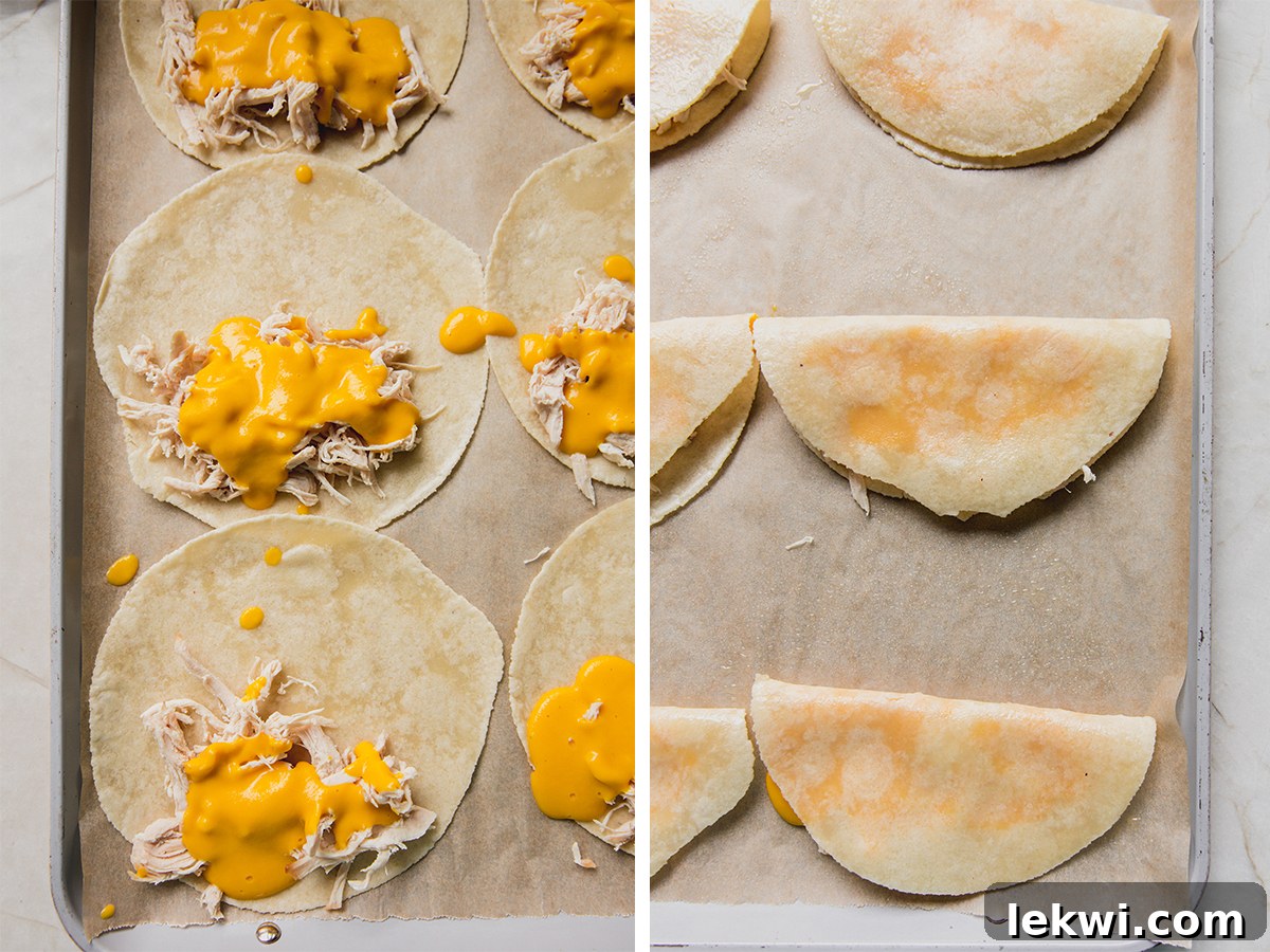 Step by step photos of filling, folding and preparing the quesadillas to go into the oven.