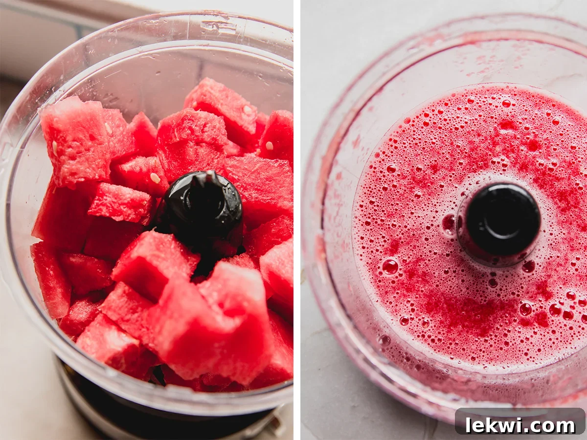 Blended watermelon being strained through a fine-mesh sieve into a bowl, with watermelon chunks and a blender in the background.