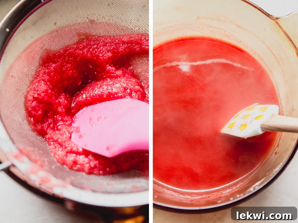 A bowl of watermelon pulp after straining, next to a fine-mesh strainer and a spatula.