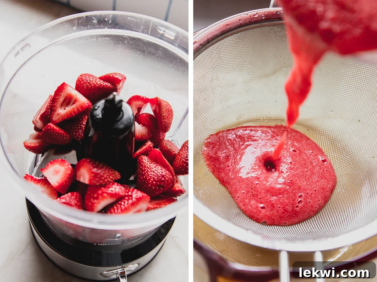 A visual sequence demonstrating the preparation of strawberries for the pudding: first, fresh strawberries in a food processor, followed by the process of straining the blended strawberry liquid to achieve a smooth juice.
