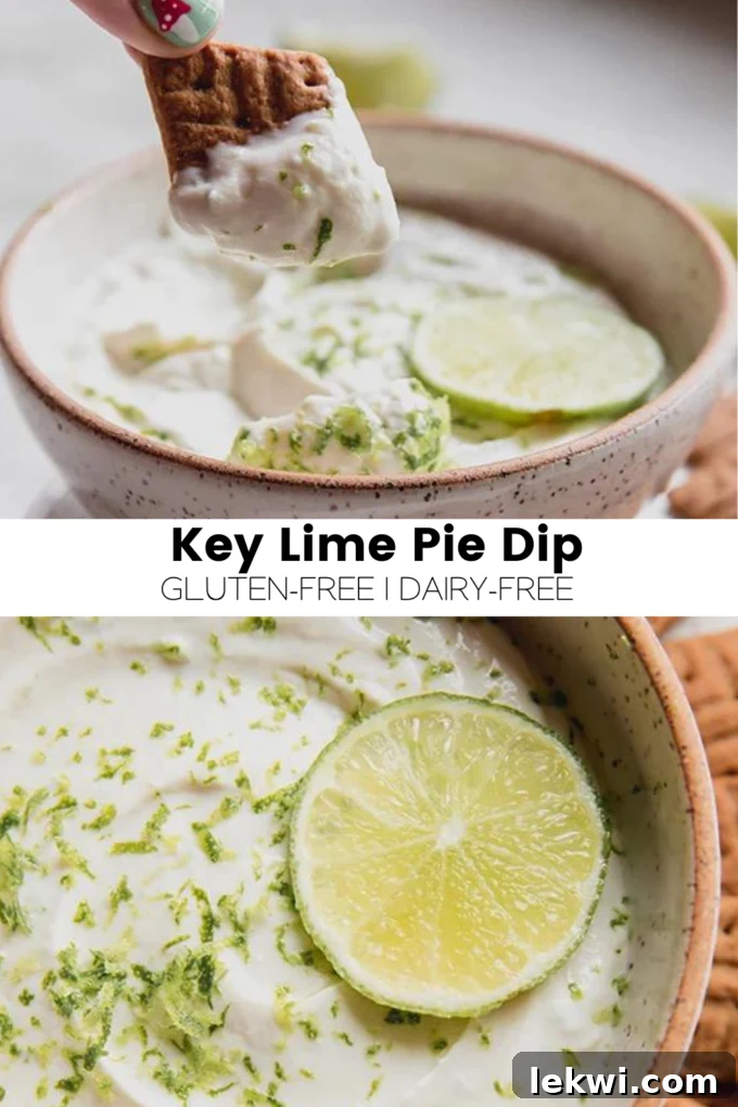 A mouth-watering collage with the text "Key Lime Pie Dip Gluten-Free | Dairy-Free." alongside an enticing image of the creamy dip and fresh limes, perfect for sharing and inspiring summer cravings.