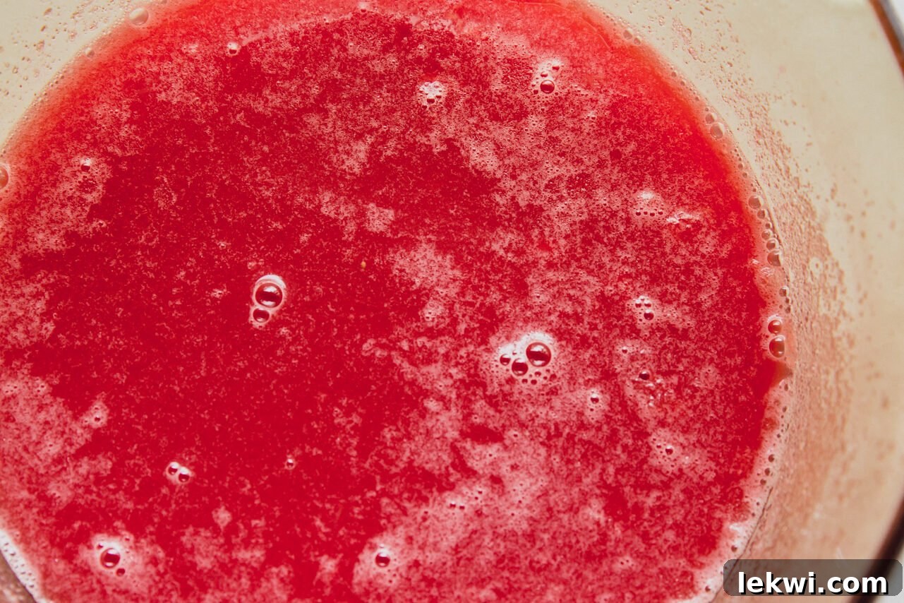 A pot on the stove filled with blended watermelon juice, prepared for the gelatin to be added.