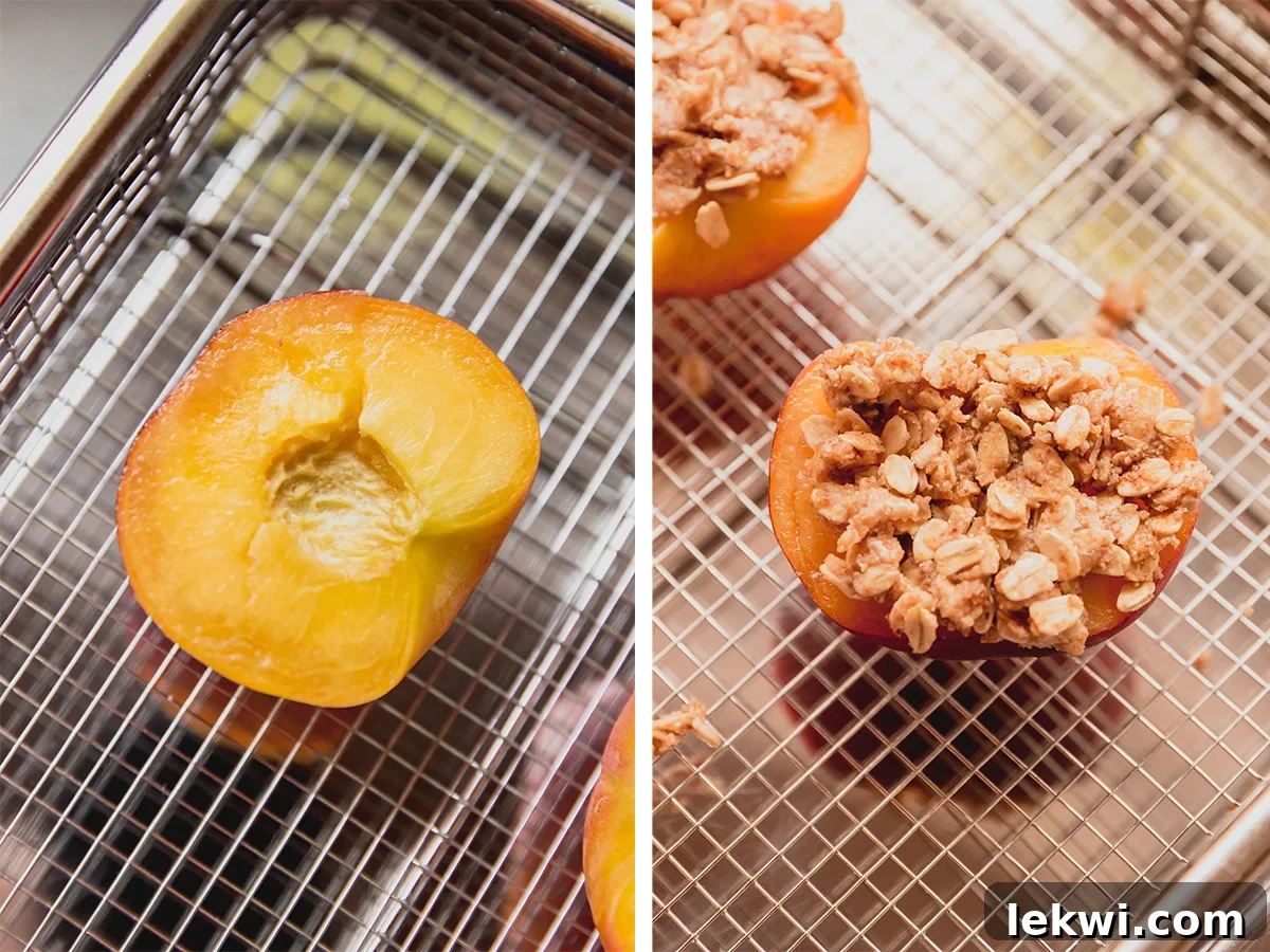 A visual comparison showing a raw peach half next to one with the crumble topping meticulously added, ready for the air fryer.