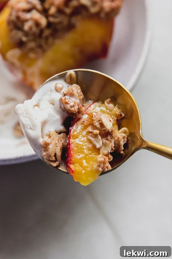 A spoonful of air fryer peach crisp and dairy-free ice cream, showcasing the perfect bite.