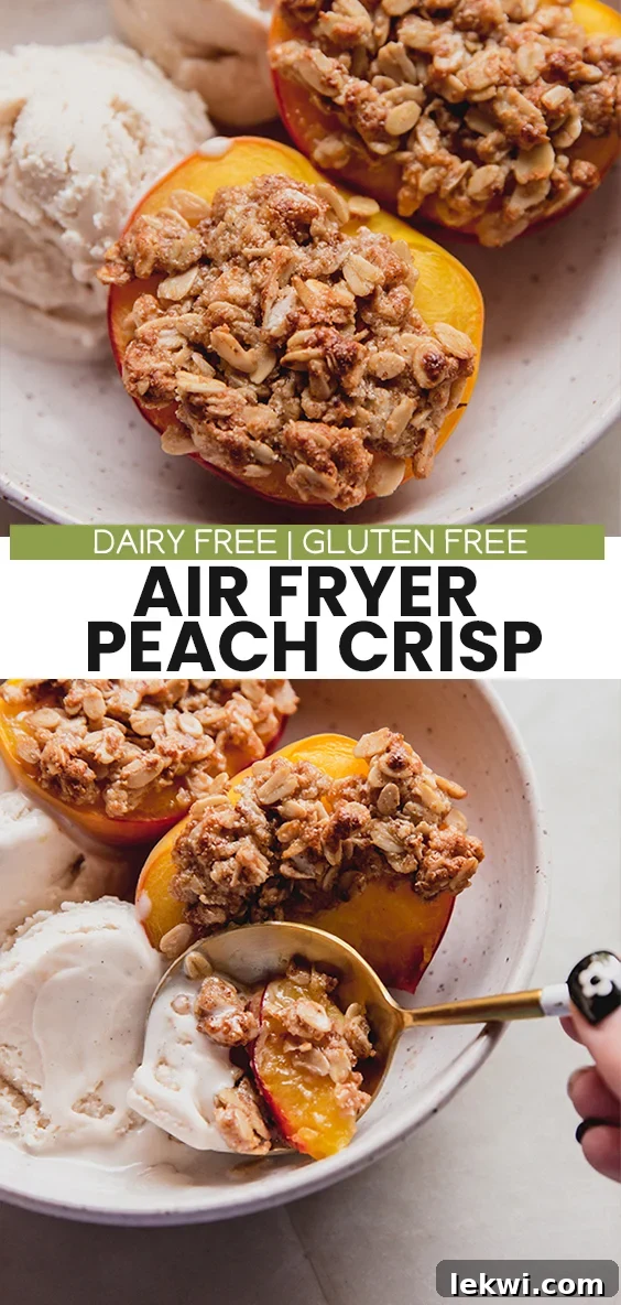 Collage with text "Dairy Free | Gluten Free Air Fryer Peach Crisp."