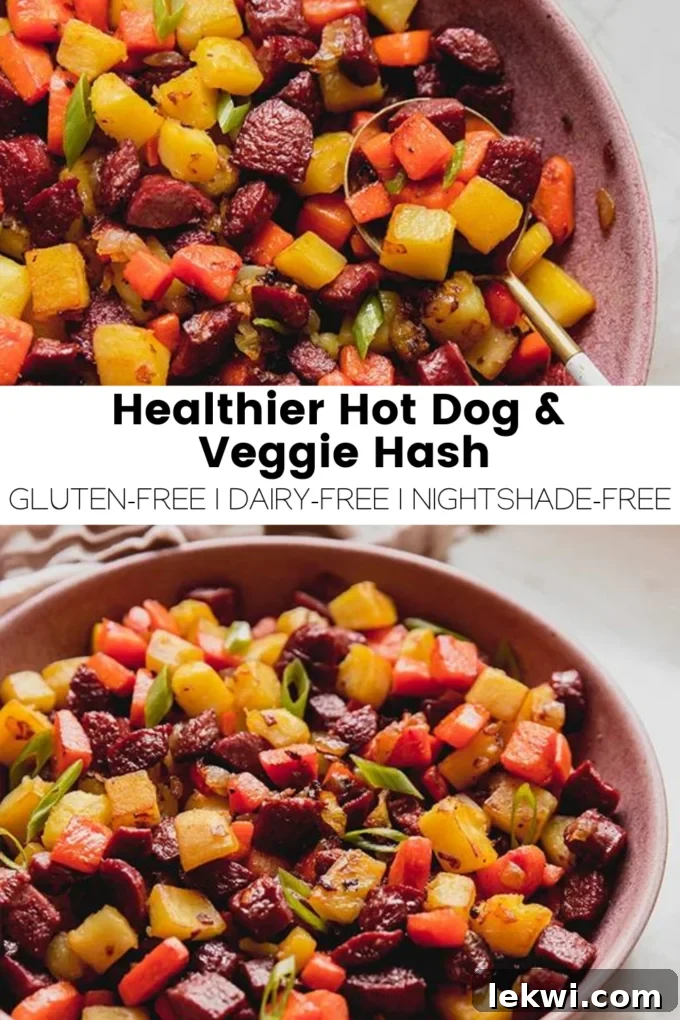 Collage with text \"Healthier Hot Dog & Veggie Hash Gluten-Free | Dairy-Free | Nightshade-Free.\"