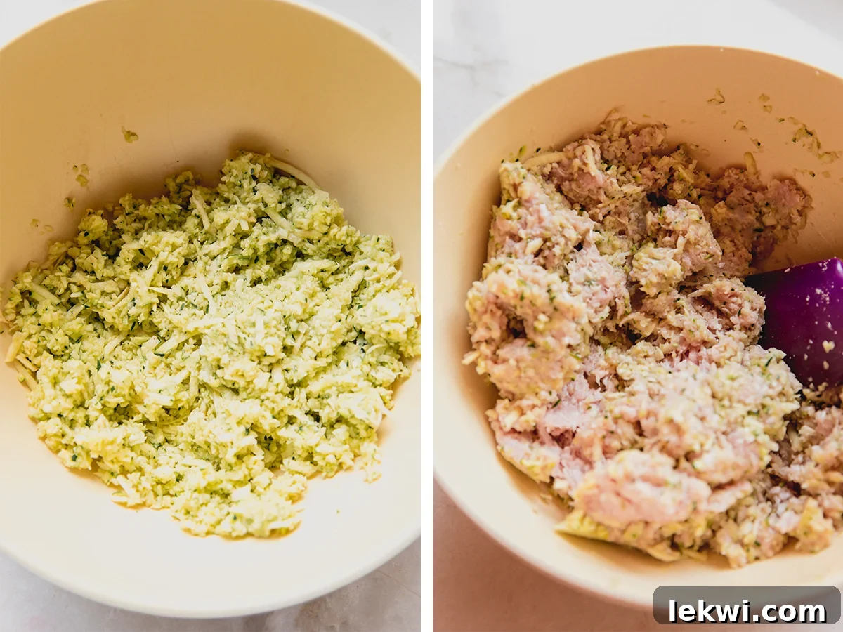 Two bowls side-by-side: one with freshly grated zucchini, the other with the combined zucchini chicken nugget mixture ready for shaping. The first bowl shows the fibrous texture of shredded zucchini, while the second displays a homogeneous blend of chicken and vegetables, hinting at the delicious nuggets to come.