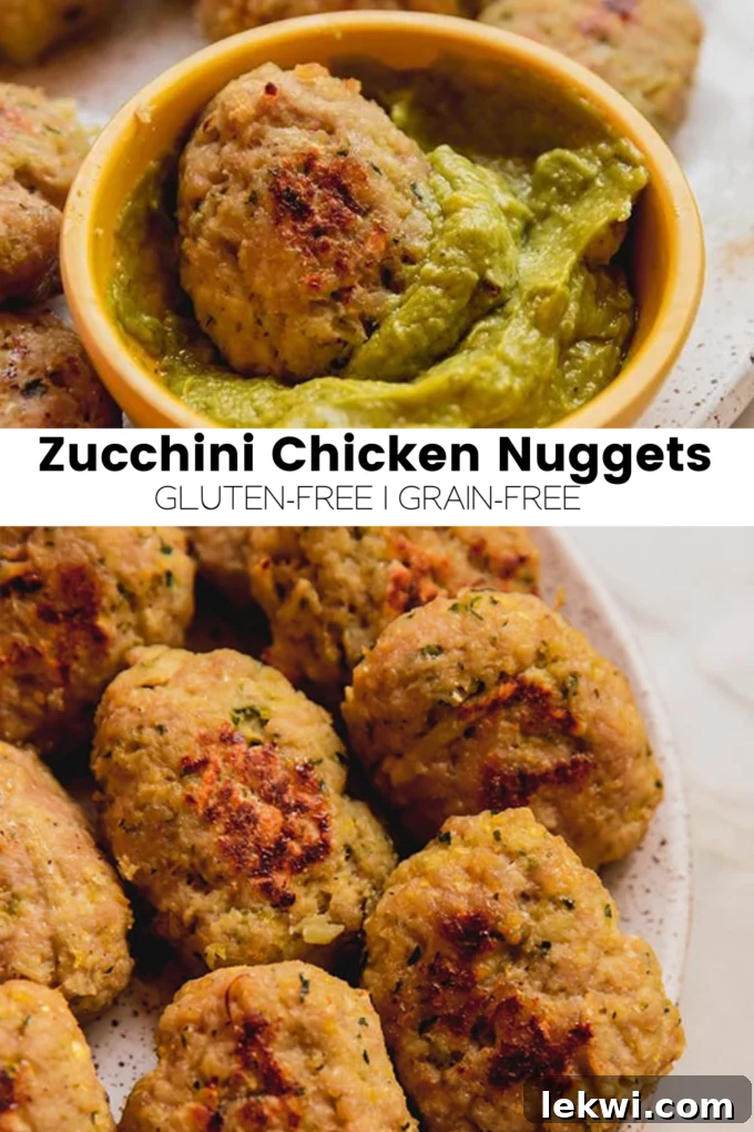 A collage image featuring a plate of Zucchini Chicken Nuggets with text overlay: "Zucchini Chicken Nuggets Gluten-Free | Grain-Free." This image serves as a visual summary, highlighting the key dietary benefits and the deliciousness of the dish.