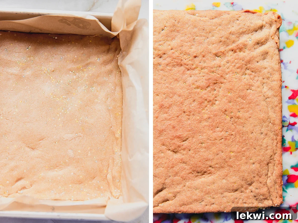 Two images side by side showing the funfetti pink sugar cookie bars before and after baking, highlighting the perfect golden finish.