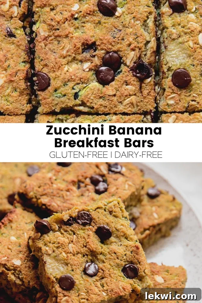 Collage with text "Zucchini Banana Breakfast Bars Gluten-Free | Dairy-Free."