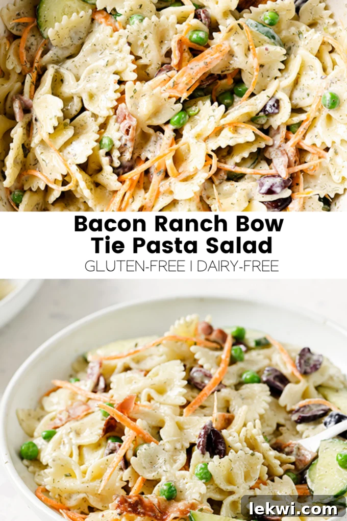 Visually appealing collage with text "Bacon Ranch Bow Tie Pasta Salad Gluten-Free | Dairy-Free." showcasing the deliciousness of the dish.