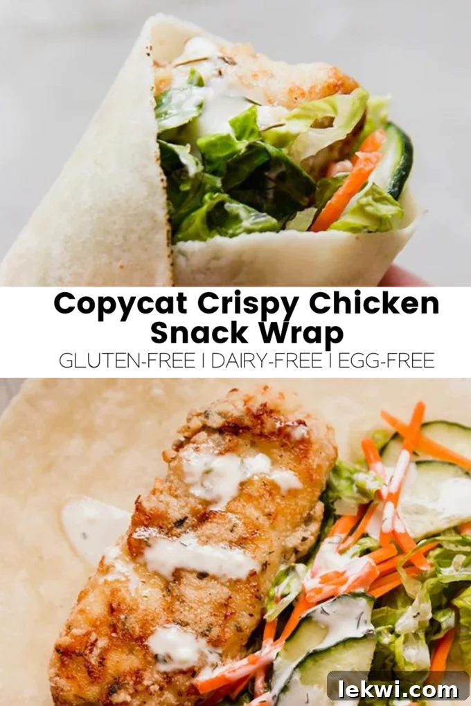 Collage with text \"Copycat Crispy Chicken Snack Wrap Gluten-Free | Dairy-Free | Egg-Free.\"