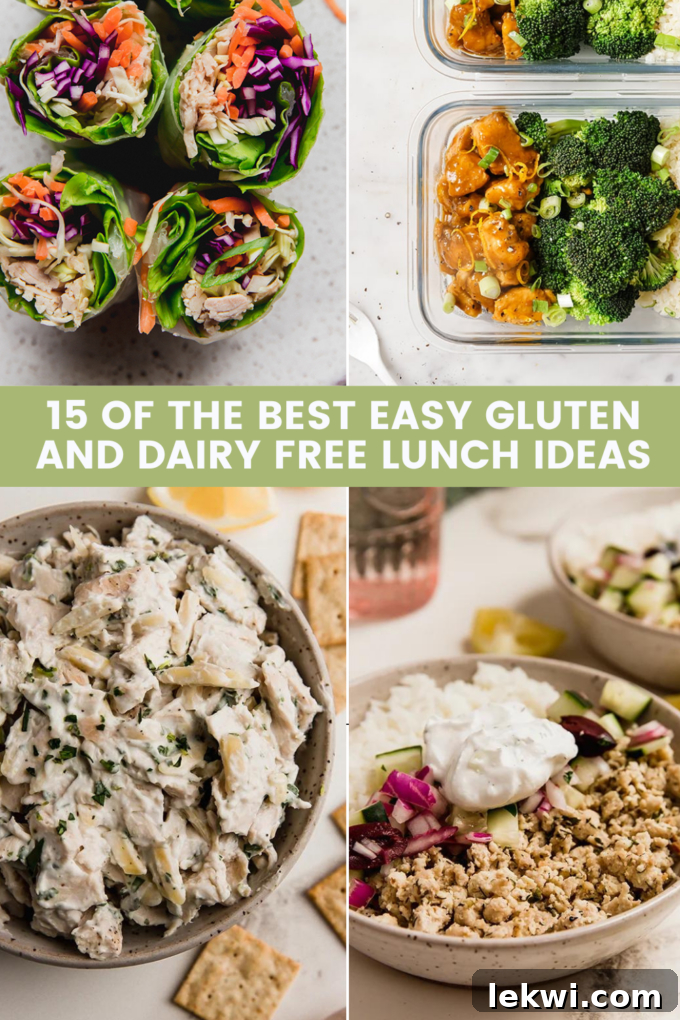 Food collage featuring 15 easy gluten and dairy-free lunch ideas, showcasing diverse meal prep, wraps, and salads.