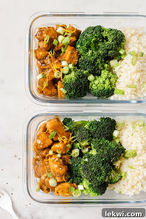 Orange chicken with rice and broccoli in containers, perfect for a healthy meal prep.