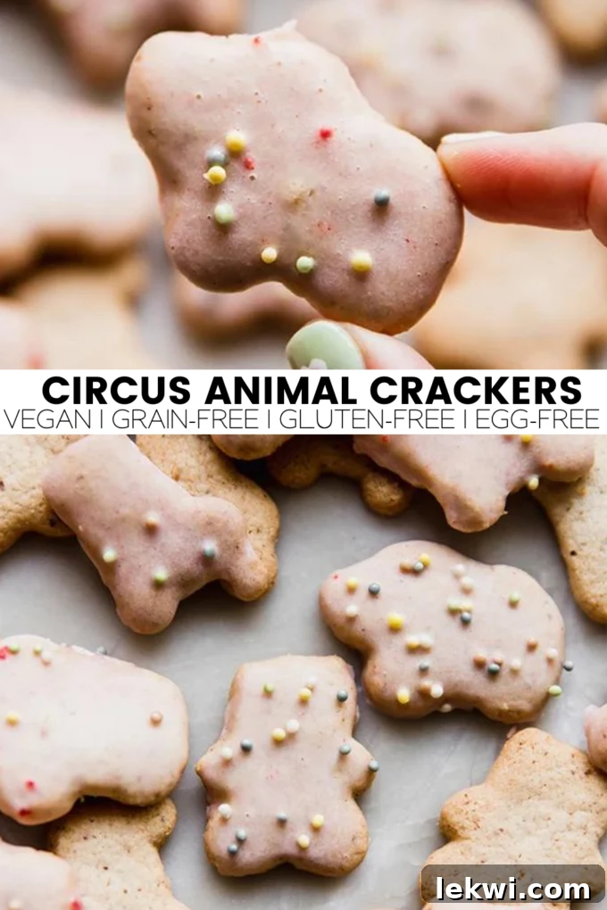 Collage with text "Circus Animal Crackers Vegan | Grain-Free | Gluten-Free | Egg-Free." showcasing the final product.