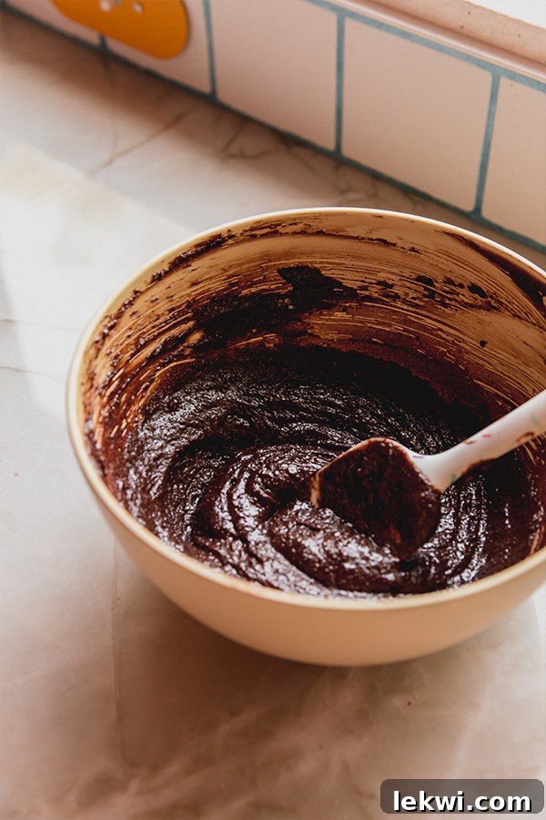 A close-up of a spatula mixing thick, dark brownie batter in a bowl, showing its smooth consistency.