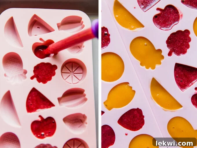 Step by step photos of filling the molds to make homemade fruit snacks. 