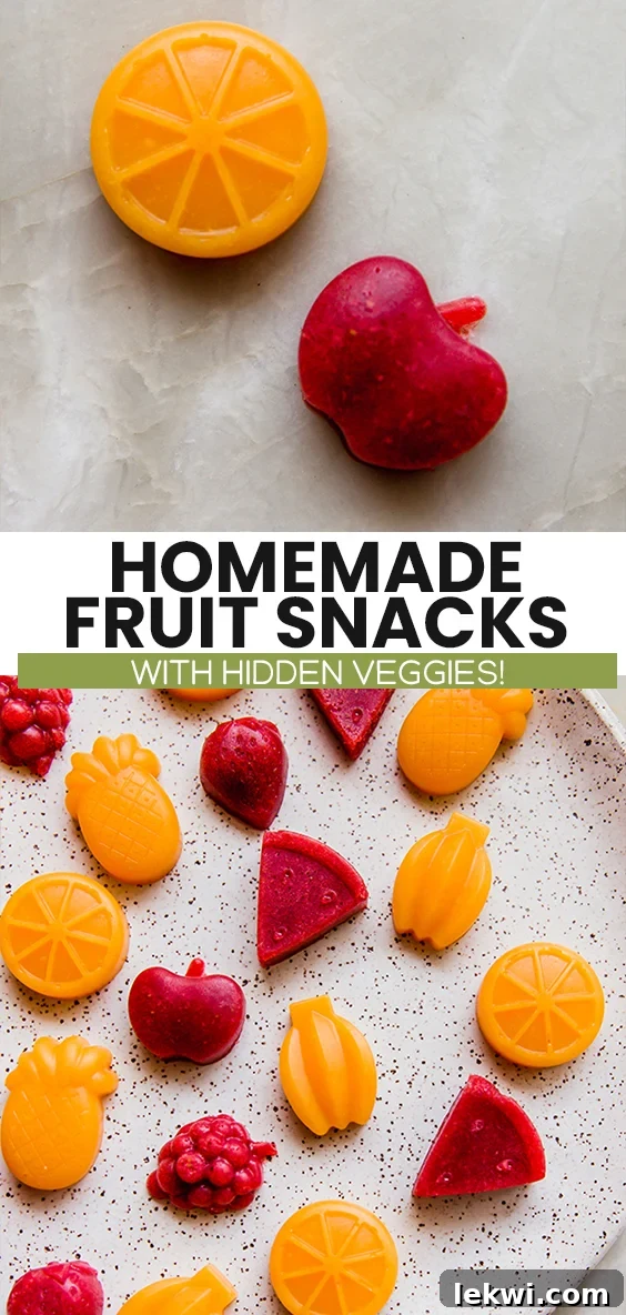 Collage with text \"Homemade Fruit Snacks with Hidden Veggies!\"
