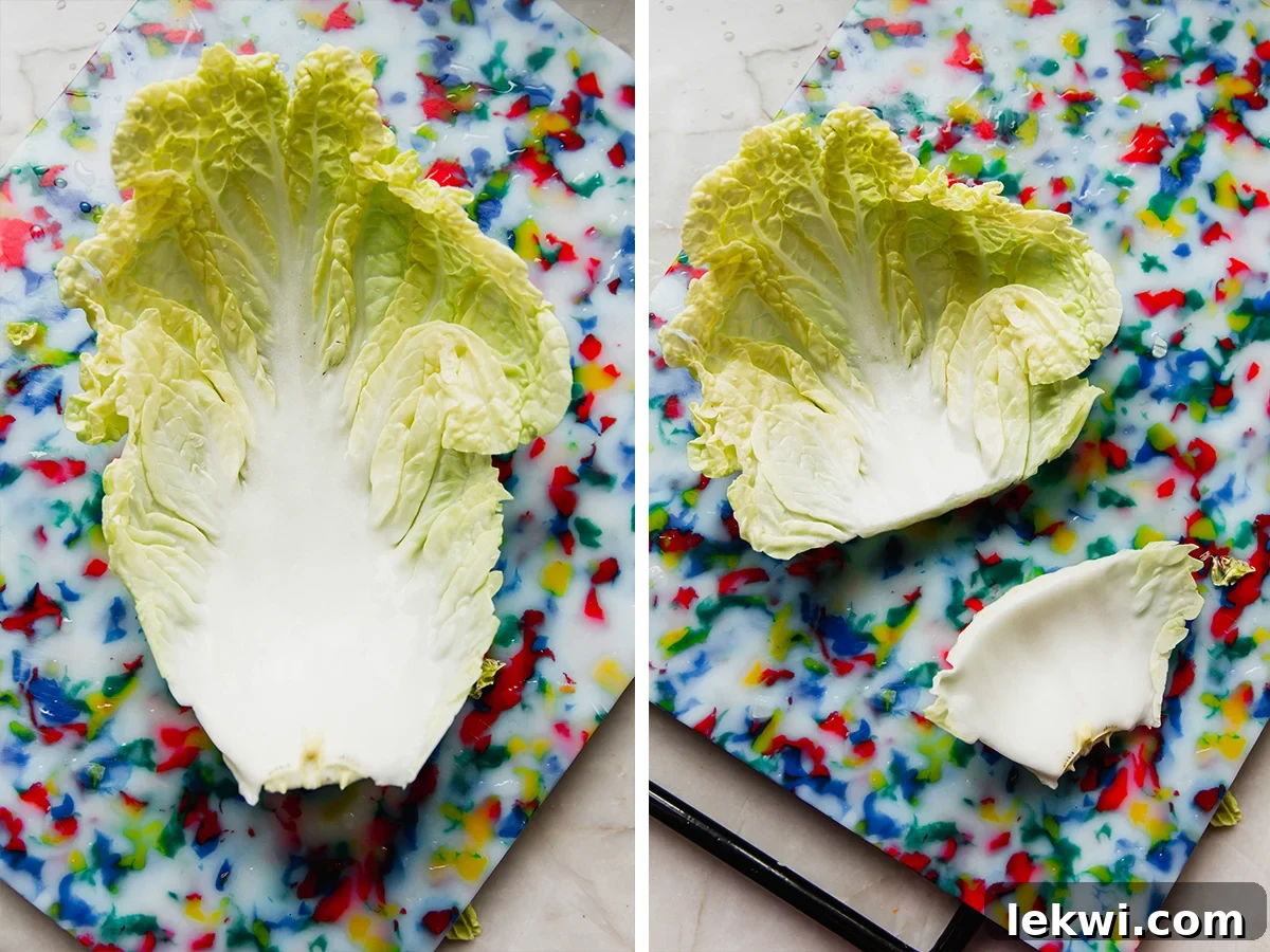 Napa cabbage leaves before and after cutting the thick white stems for easier rolling.