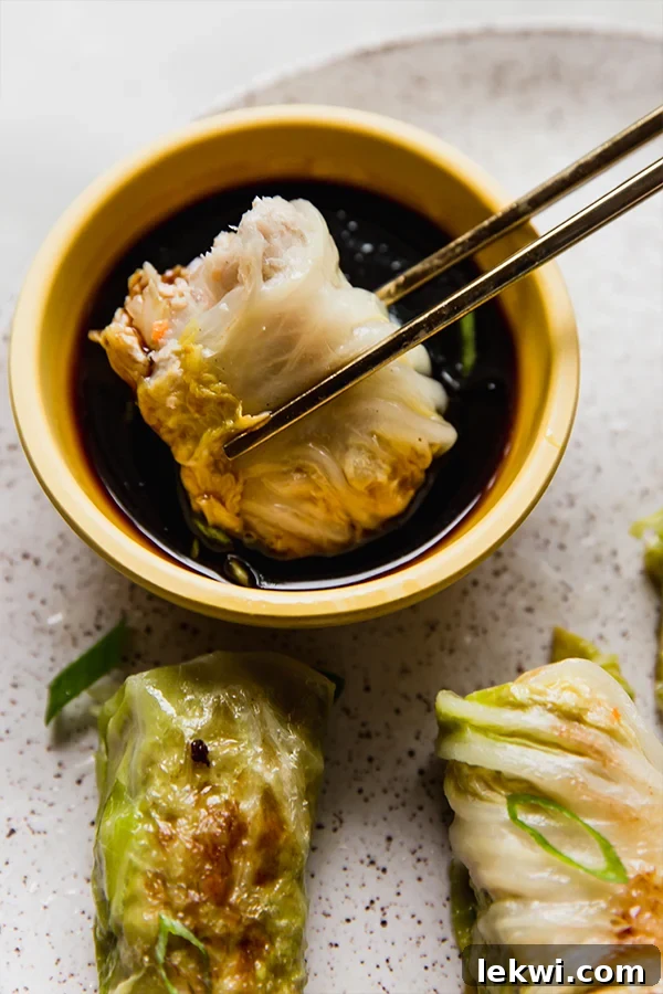 Chopsticks dipping a freshly cooked Cabbage Roll Dumpling into a small bowl of coconut aminos dipping sauce.