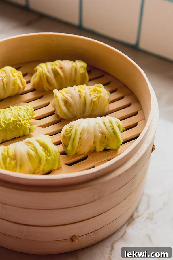 A vibrant image showcasing the fully prepared Cabbage Roll Dumplings in a bamboo steamer, ready to be enjoyed.