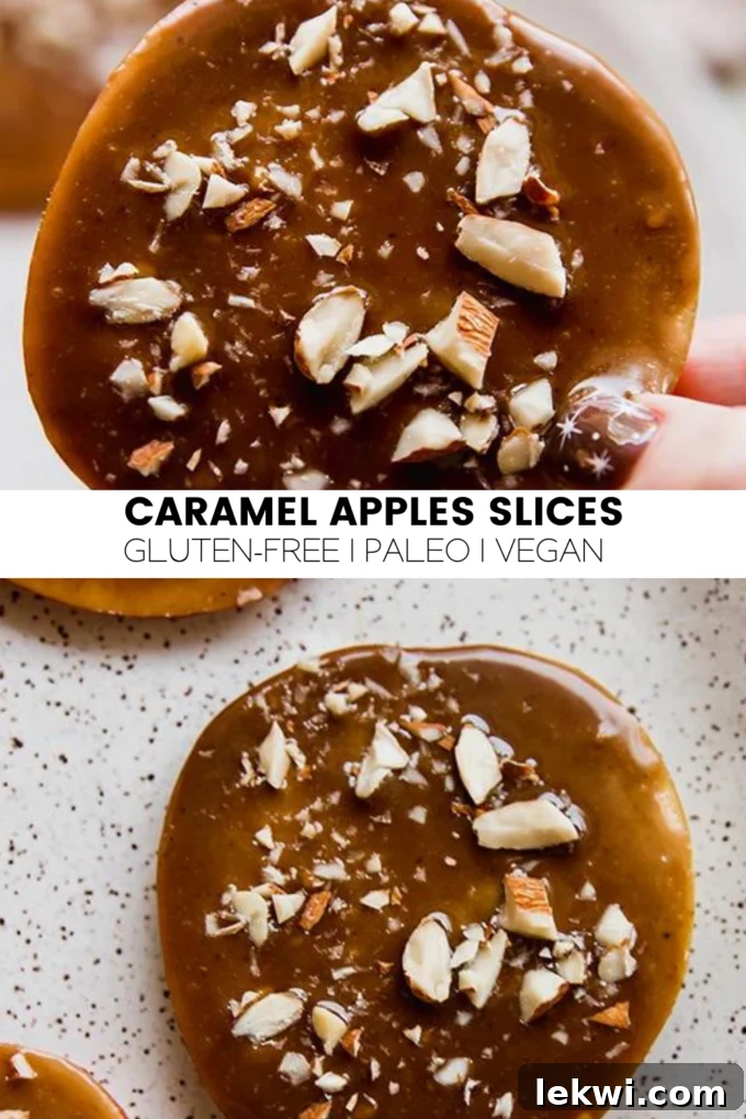 Collage with text "Caramel Apple Slices Gluten-Free | Paleo | Vegan." highlighting the dietary benefits.