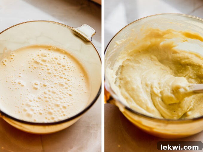 Smooth chickpea tofu batter in a mixing bowl, ready for cooking.