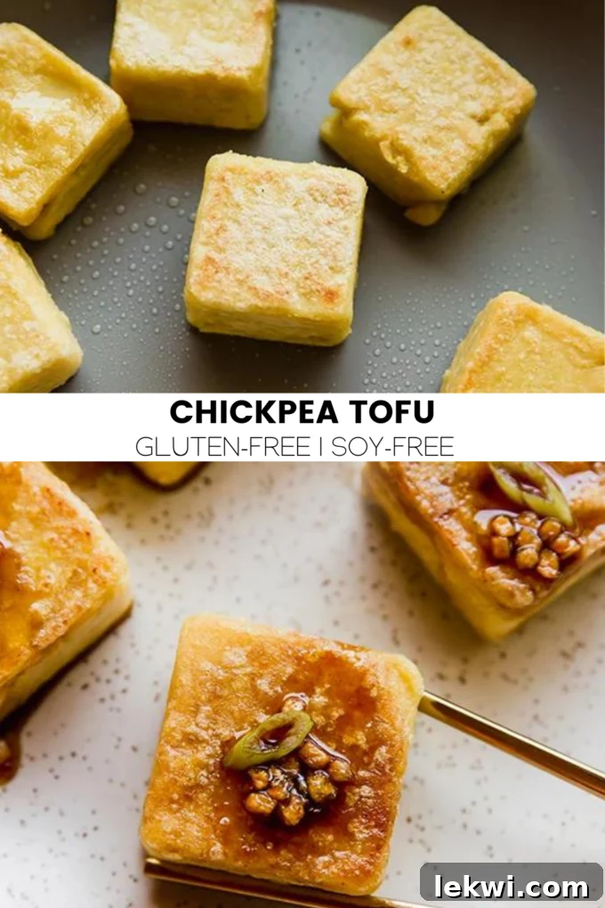 Collage with text "Chickpea Tofu Gluten-Free | Soy-Free." highlighting the key benefits of the recipe.