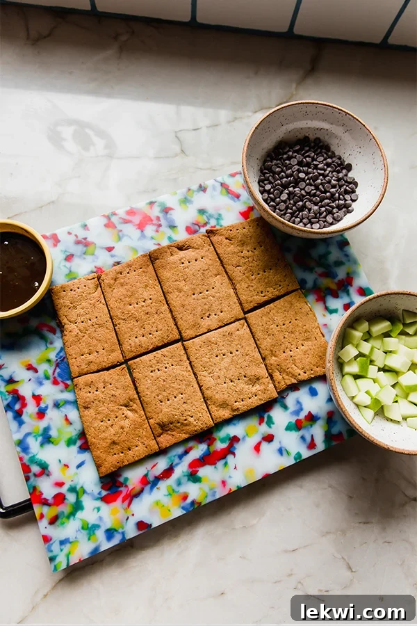 The ingredients for caramel apple graham cracker bark waiting on the counter.