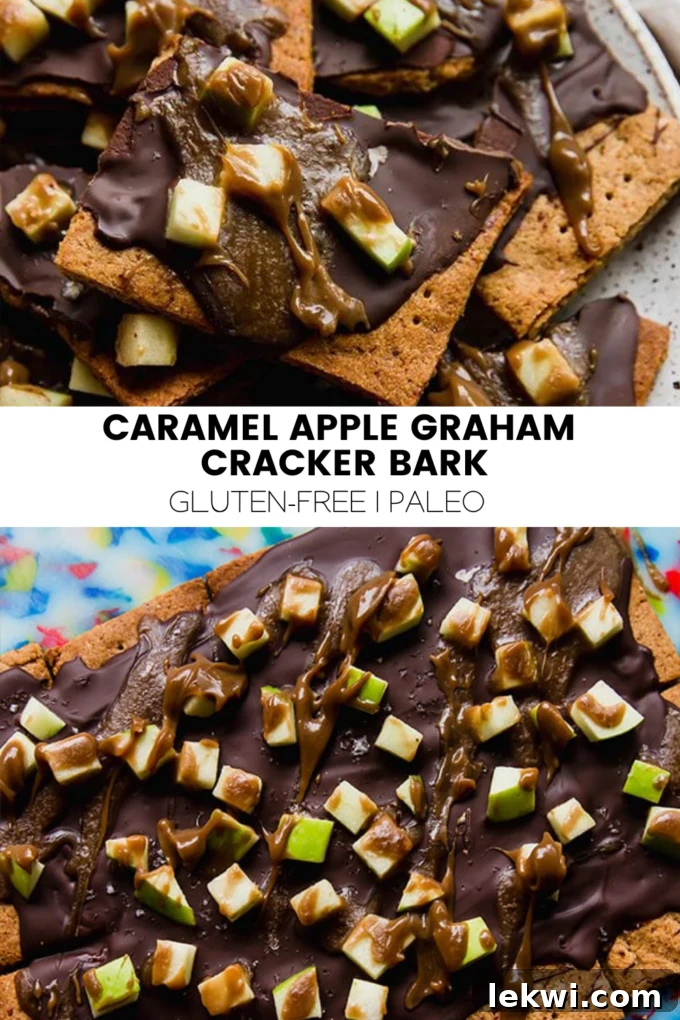 Collage with text "Caramel Apple Graham Cracker Bark Gluten-Free | Paleo."