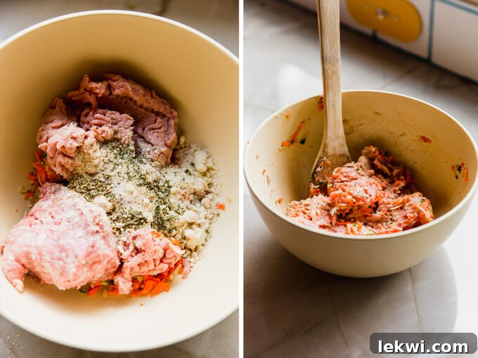 Wholesome Hidden Veggie Meatballs Gluten and Dairy Free 3 The ingredients for hidden veggie meatballs laid out before and after being combined in a bowl.