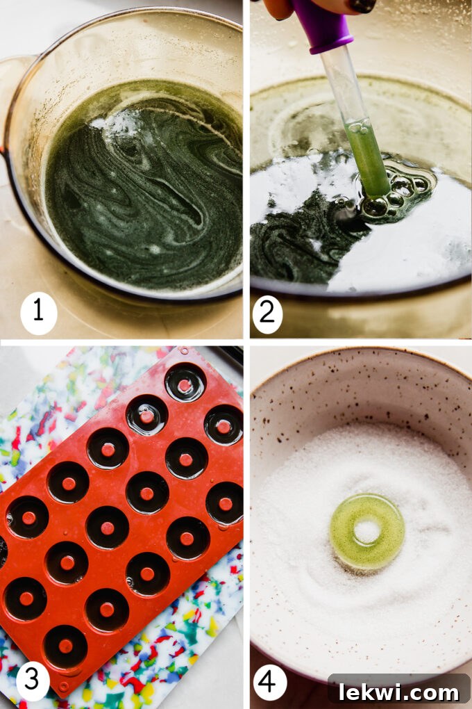 A visual collage showing the step-by-step process of making homemade sour apple ring gummies, from mixing ingredients to filling molds.