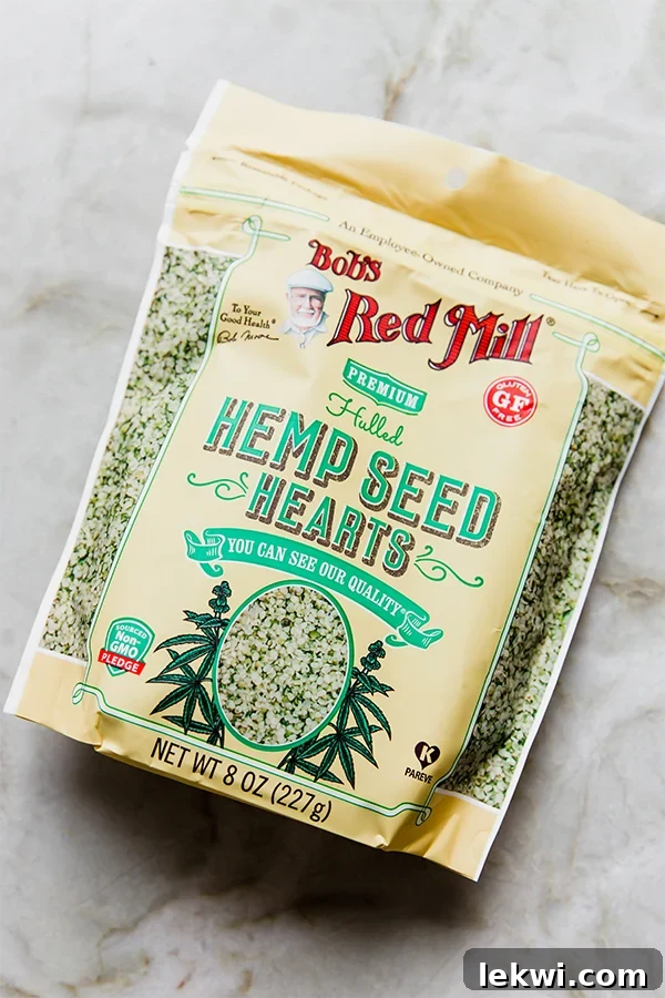 A bag of hemp seed hearts, which are a key ingredient in the recipe.
