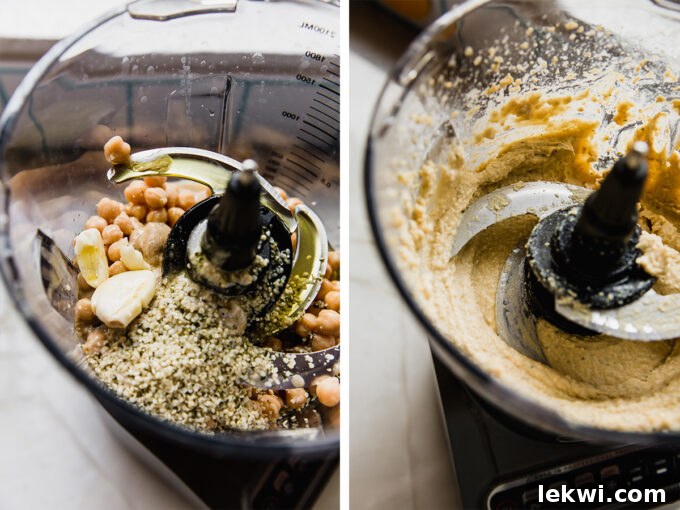 The food processor before and after blending the ingredients.