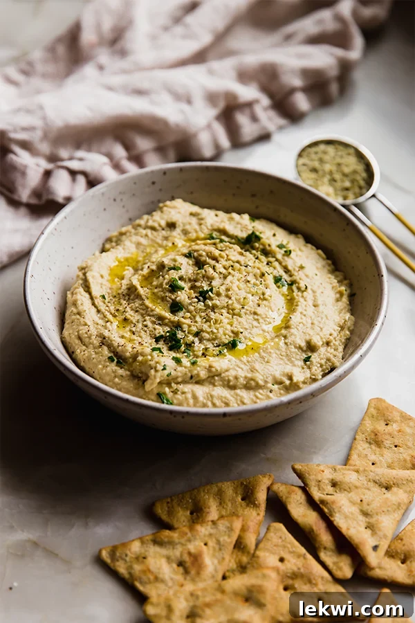 A bowl of hemp heart hummus on a counter with crackers nearby.