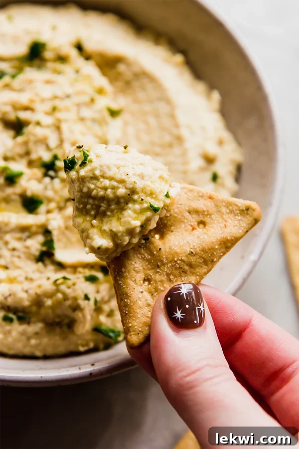 A cracker being dipped into hemp heart hummus.