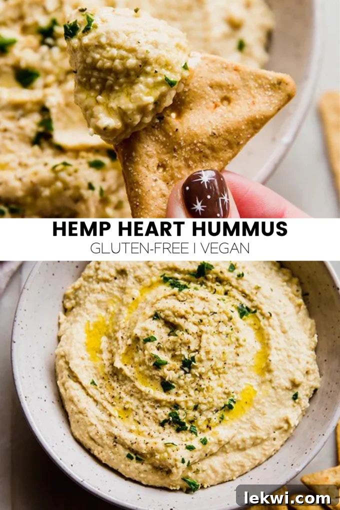 Collage with text "Hemp Heart Hummus Gluten-Free | Vegan."