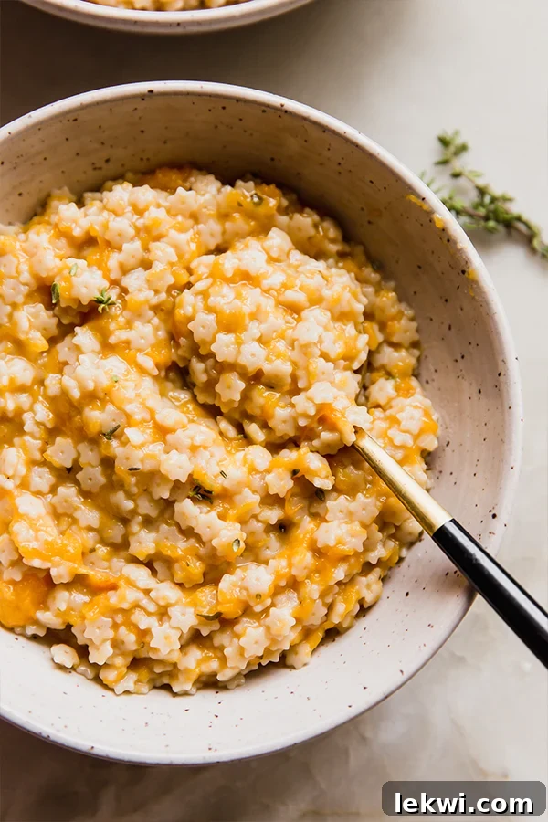 Bowl of butternut squash stelline pasta with a spoon.