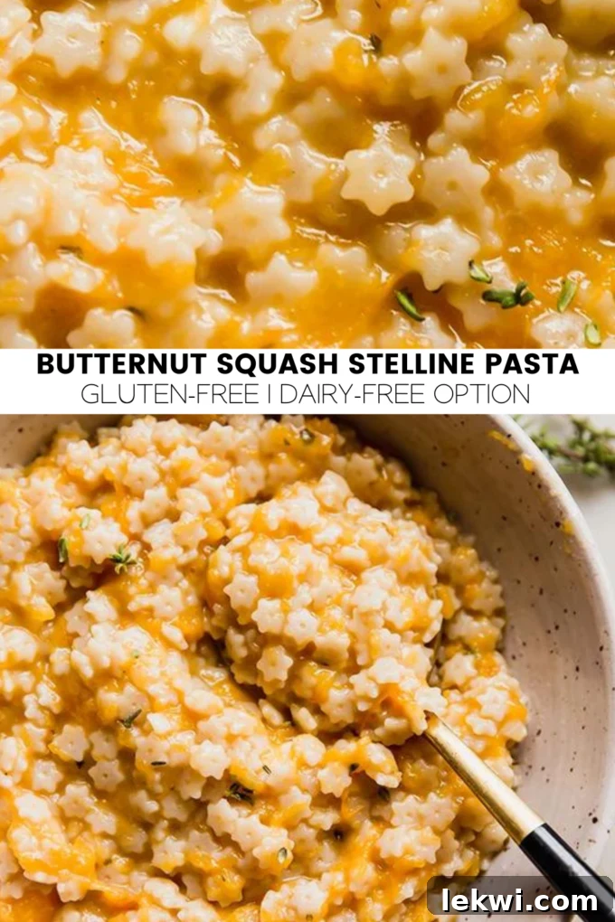 Collage with text "Butternut Squash Stelline Pasta Gluten-Free | Dairy-Free Option."