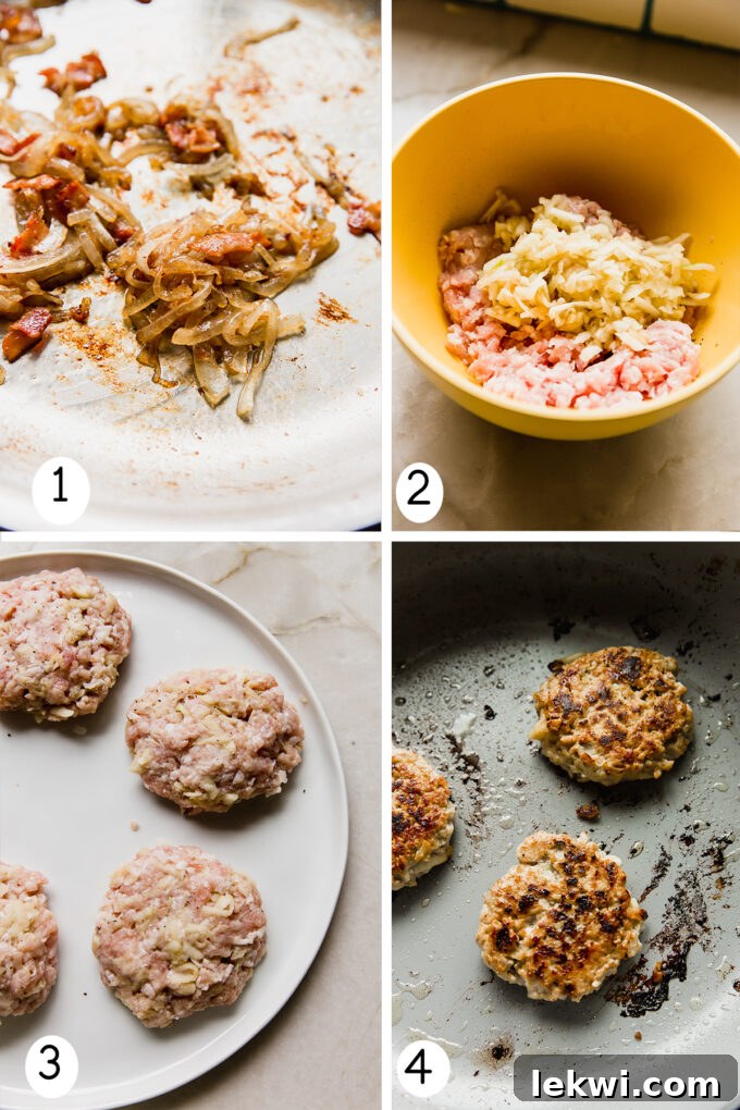 Step-by-step photos illustrating the process of making, forming, and cooking the apple chicken burgers.