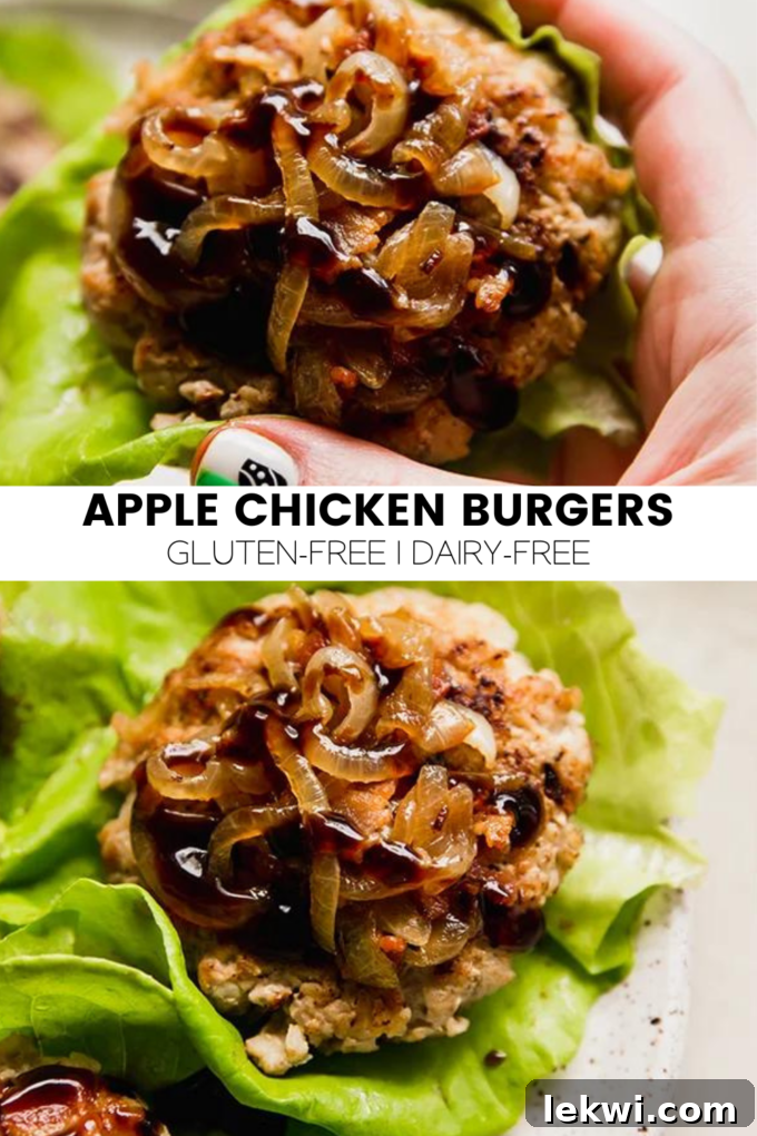 Collage with text "Apple Chicken Burgers Gluten-Free | Dairy-Free."