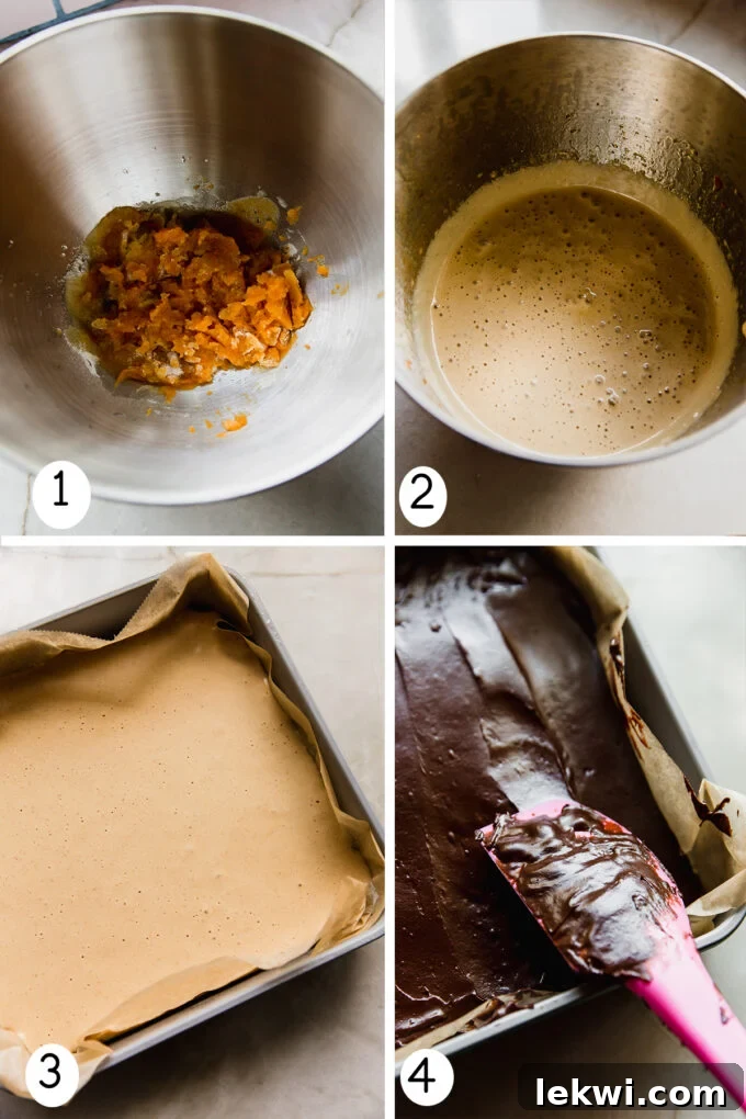 Cozy Gluten-Free Dairy-Free Pumpkin Spice S'mores Bars 3 Four step-by-step photos showing the process of making pumpkin spice s'mores bars, from crust to finished product.