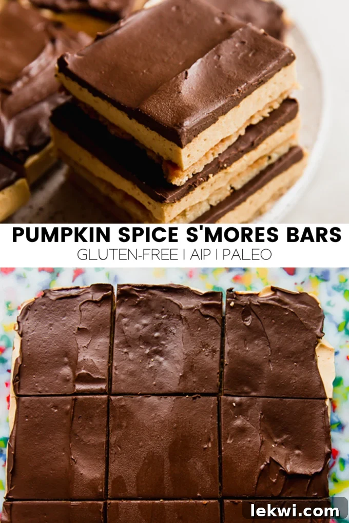 Cozy Gluten-Free Dairy-Free Pumpkin Spice S'mores Bars 7 A collage of pumpkin spice s'mores bars with text overlay: