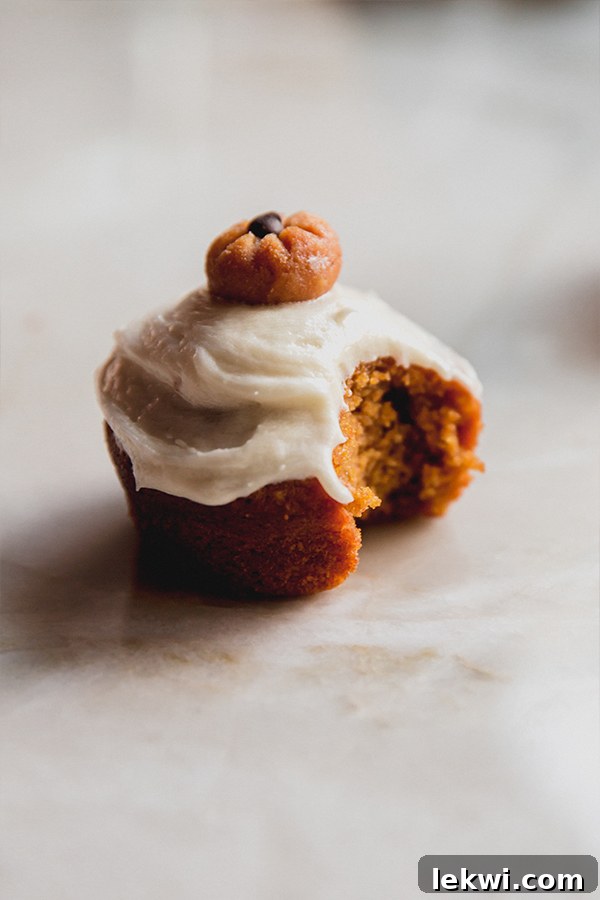 A pumpkin spice cupcake with a bite taken out of it.