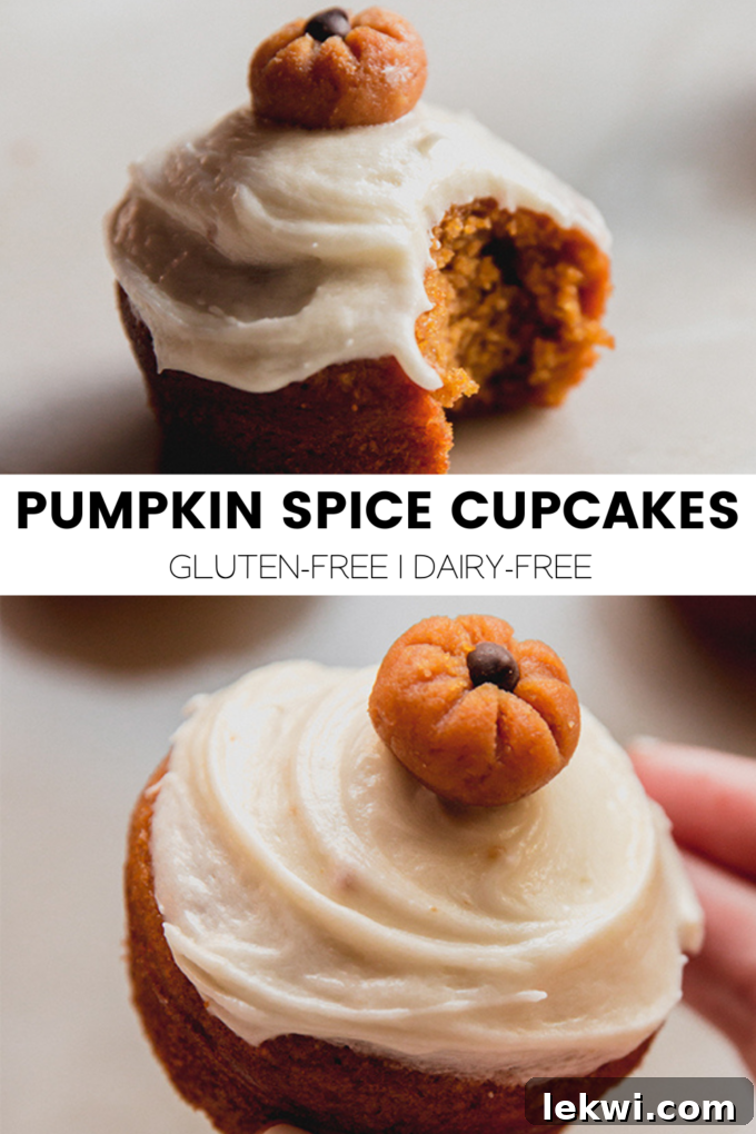 Collage with text \"Pumpkin Spice Cupcakes Gluten-Free | Dairy-Free.\"