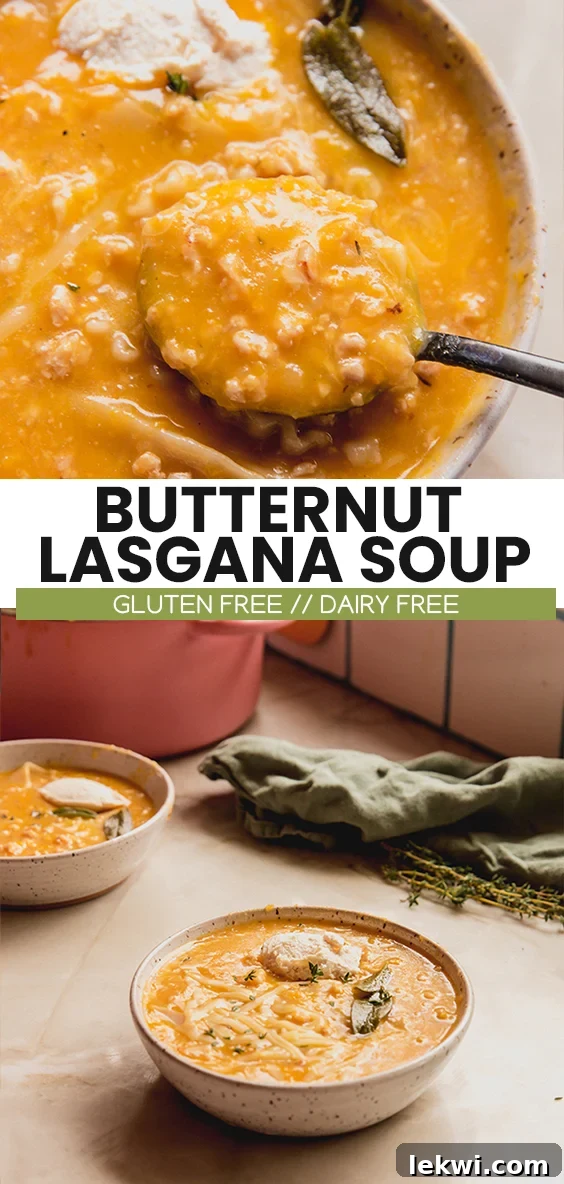 Collage with text "Butternut Lasagna Soup Gluten-Free // Dairy-Free."