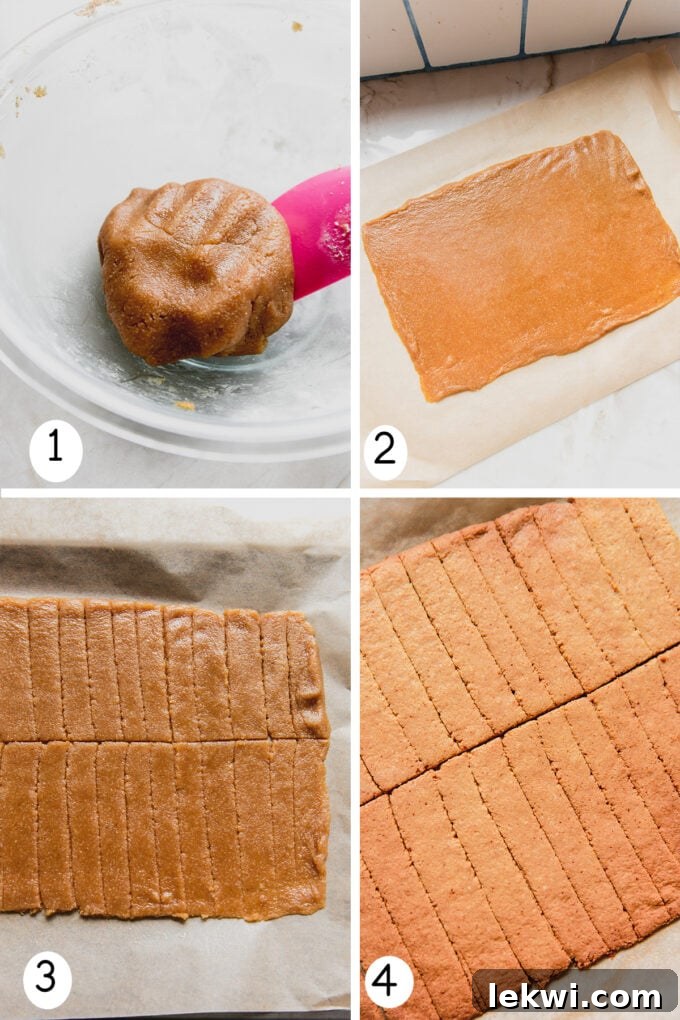 Step-by-step photos of making and baking the Kit Kat bar dough, from mixing to scoring.