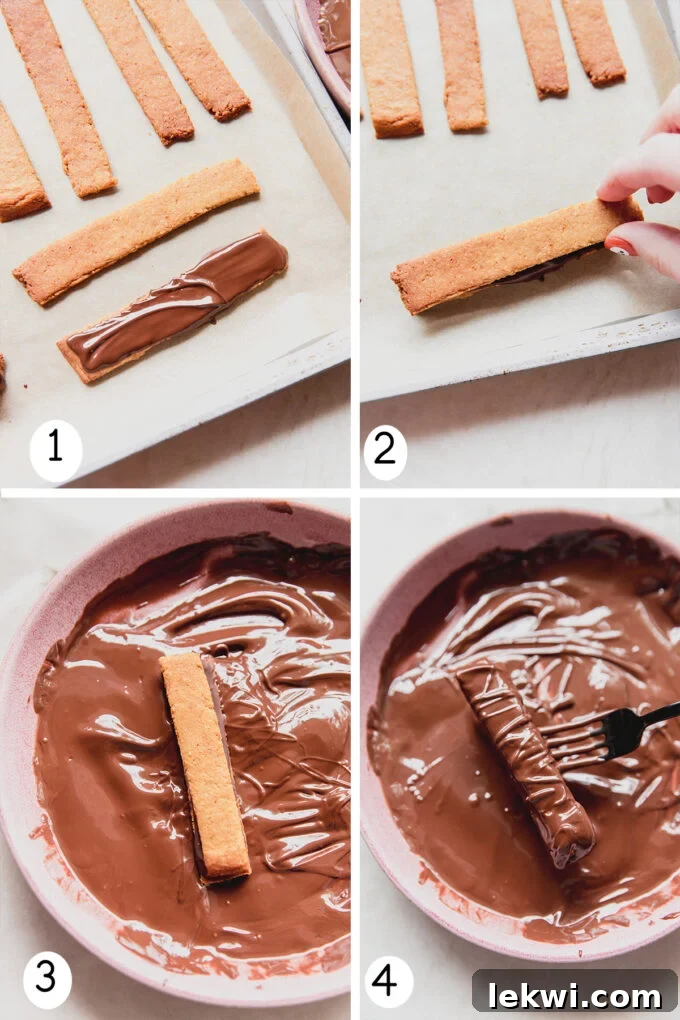 Step-by-step photos of layering the wafers with chocolate and dipping them to finish the Kit Kat bars.