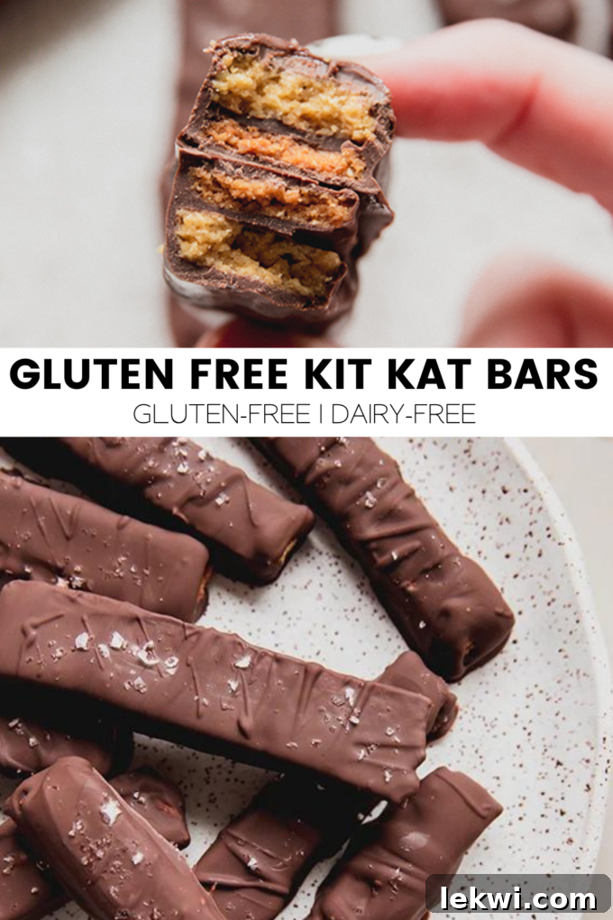 Collage with text "Gluten Free Kit Kat Bars Gluten-Free | Dairy-Free." highlighting the recipe benefits.