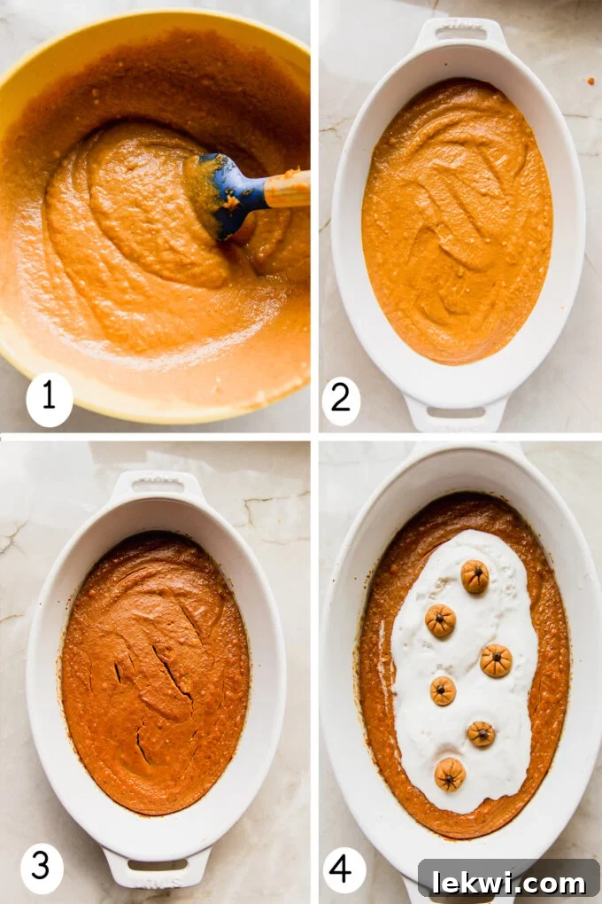 Step-by-step photos illustrating the process of mixing ingredients and baking the baked pumpkin pudding to perfection.